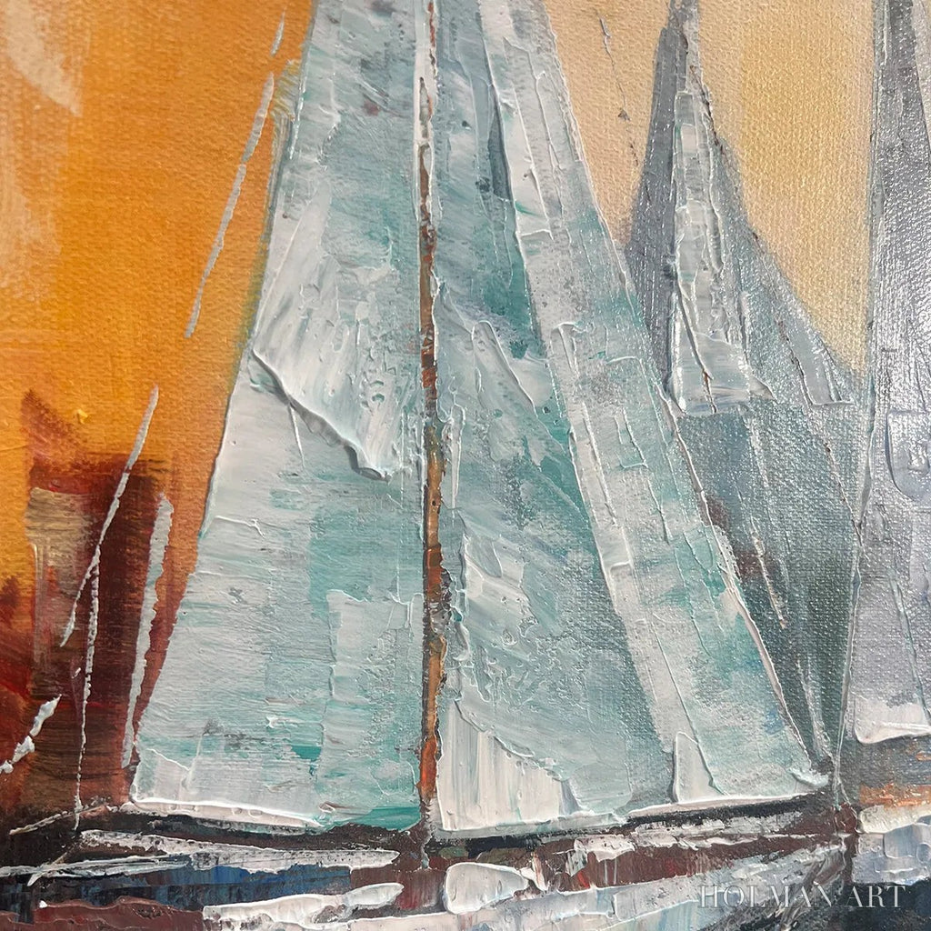 HOLMAN ART Sailing At Sunset – Panoramic Sailboat Painting, Coastal , Blue, Orange, Living Room, Bedroom, Office - image 3