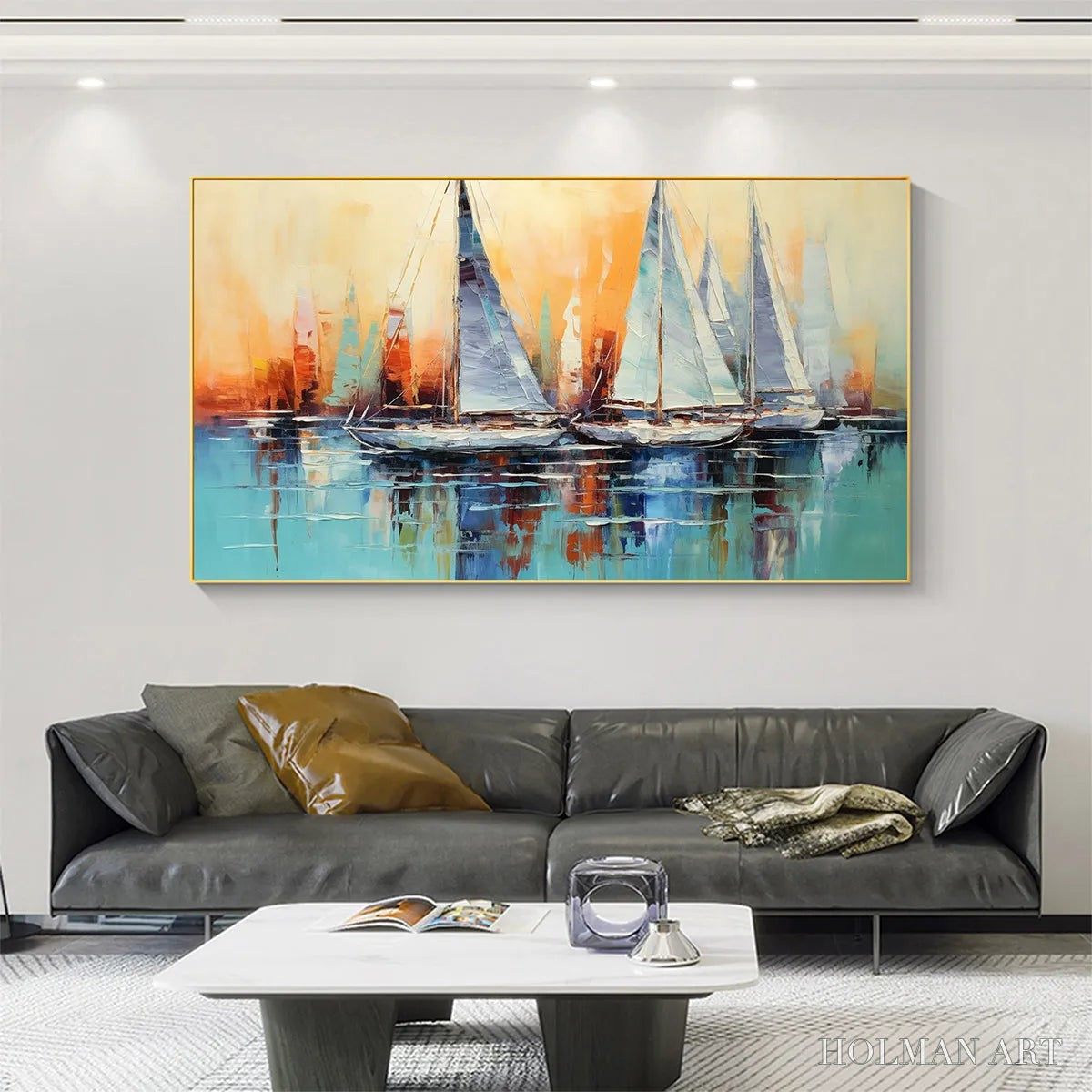 HOLMAN ART Sailing At Sunset – Panoramic Sailboat Painting, Coastal , Blue, Orange, Living Room, Bedroom, Office - image 4