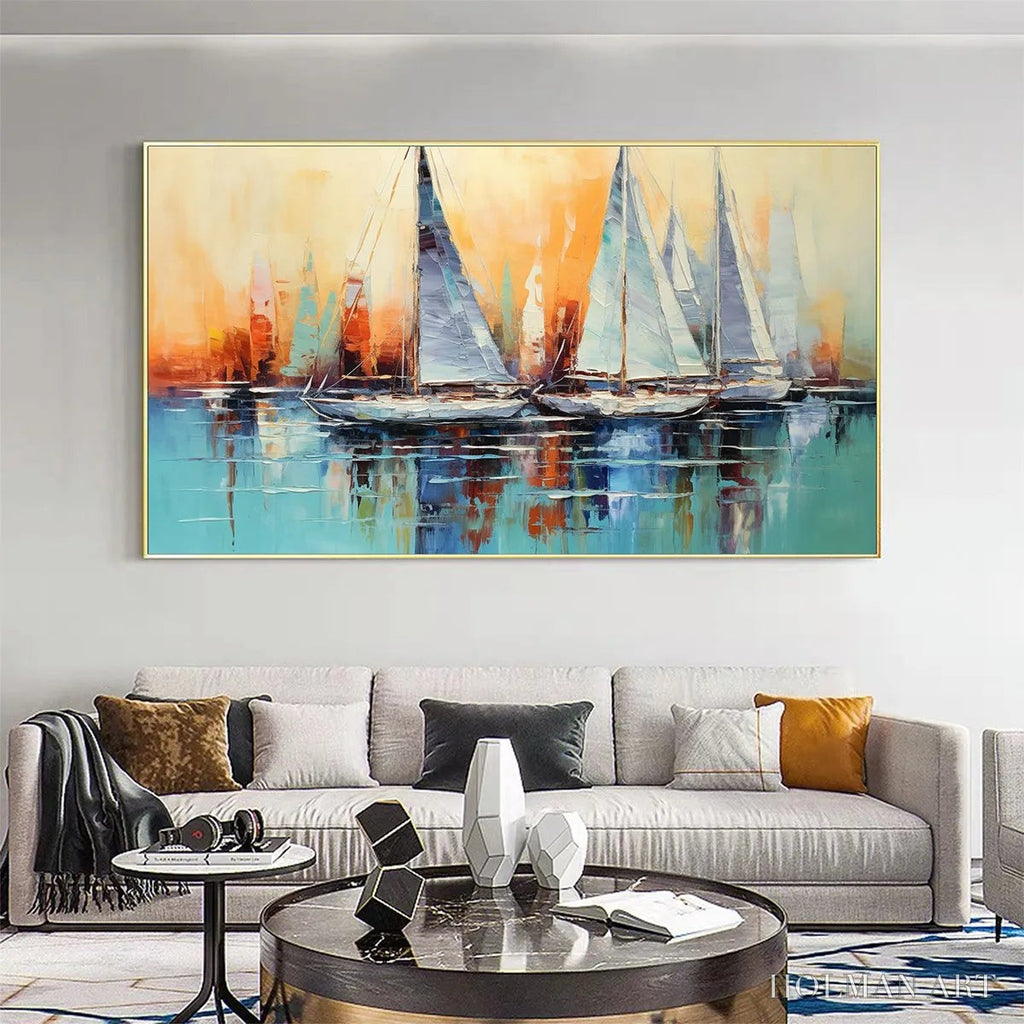 HOLMAN ART Sailing At Sunset – Panoramic Sailboat Painting, Coastal , Blue, Orange, Living Room, Bedroom, Office - image 5