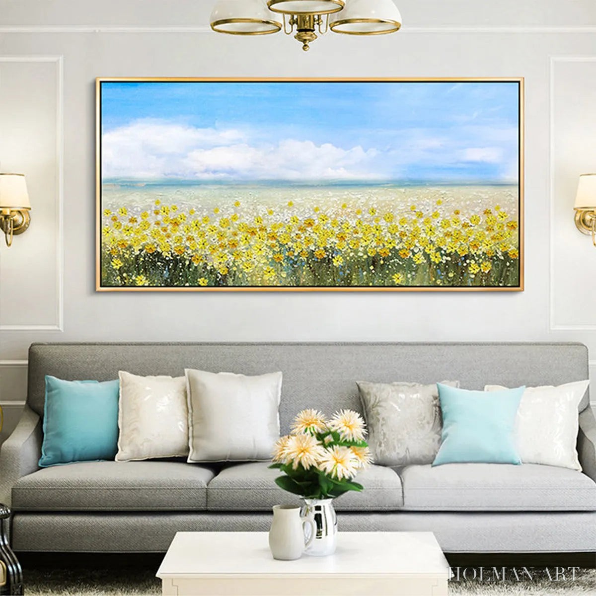 HOLMAN ART Golden Hour Bloom – Landscape Oil Painting with Yellow Wildflowers and Blue Sky - image 2