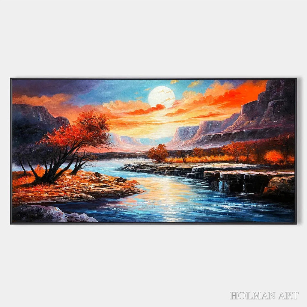 HOLMAN ART Autumn River – Landscape Painting of a River at Sunset, Mountains, and Autumn Trees, Modern - image 1