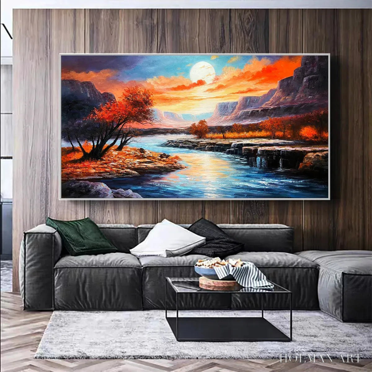HOLMAN ART Autumn River – Landscape Painting of a River at Sunset, Mountains, and Autumn Trees, Modern - image 2