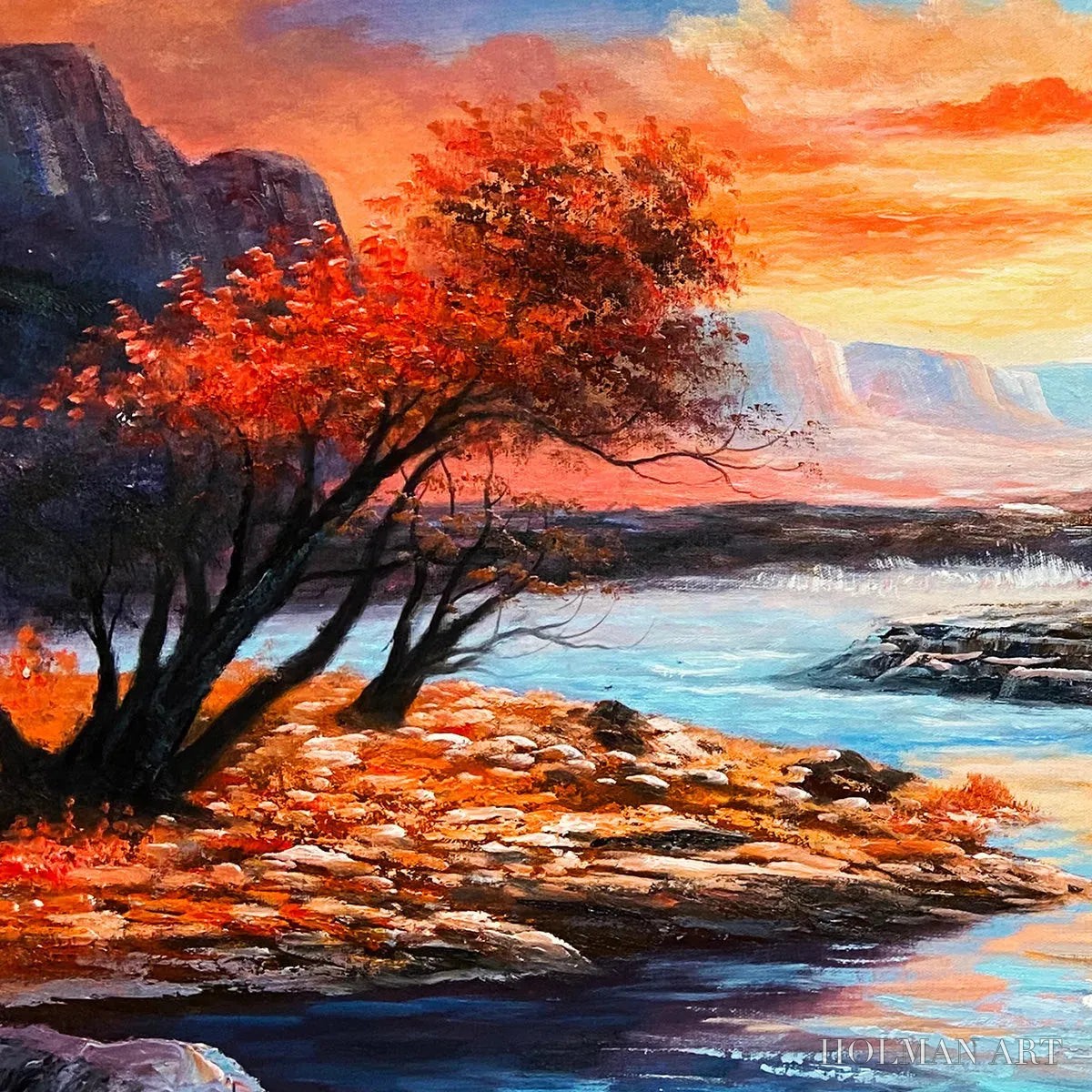 HOLMAN ART Autumn River – Landscape Painting of a River at Sunset, Mountains, and Autumn Trees, Modern - image 3