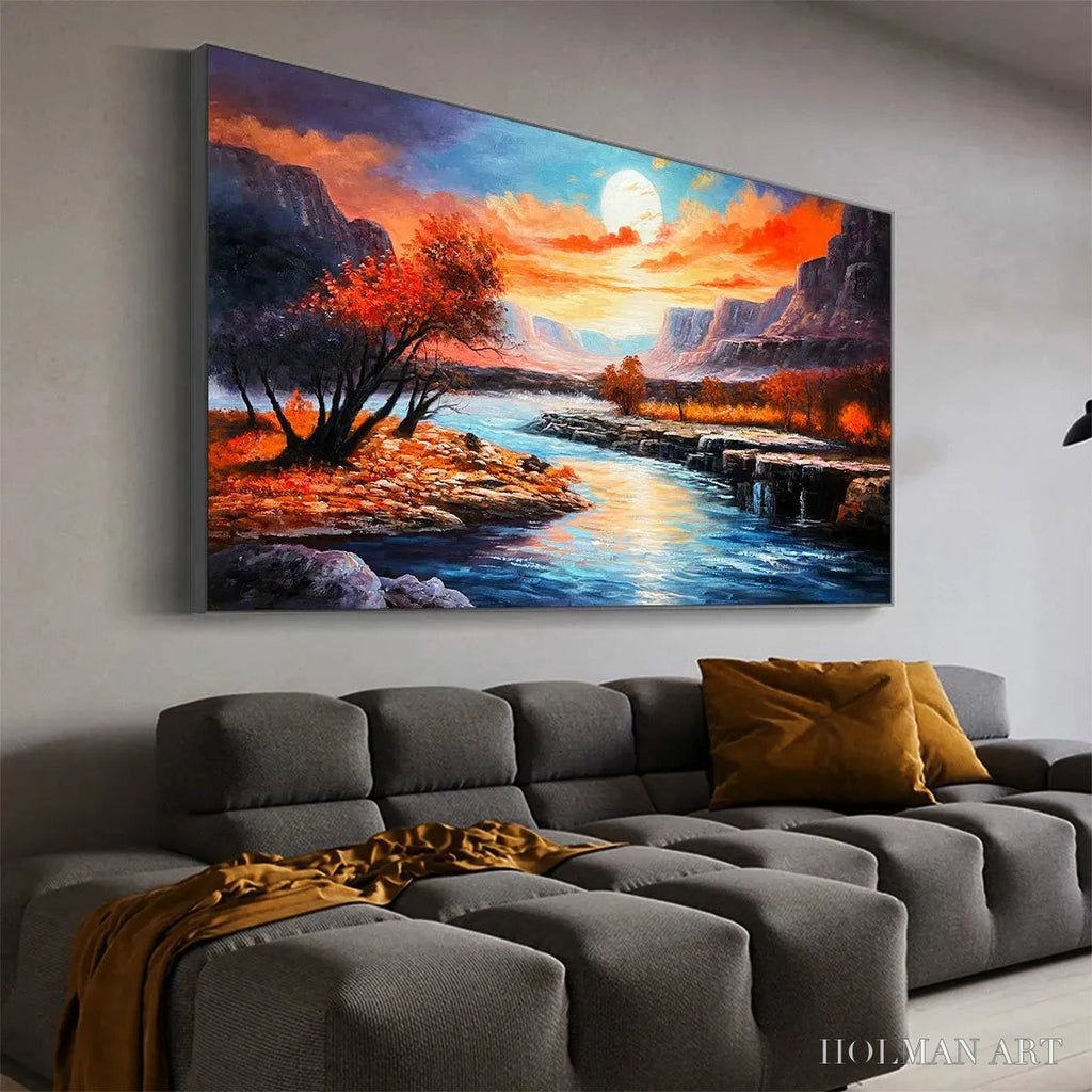 HOLMAN ART Autumn River – Landscape Painting of a River at Sunset, Mountains, and Autumn Trees, Modern - image 5