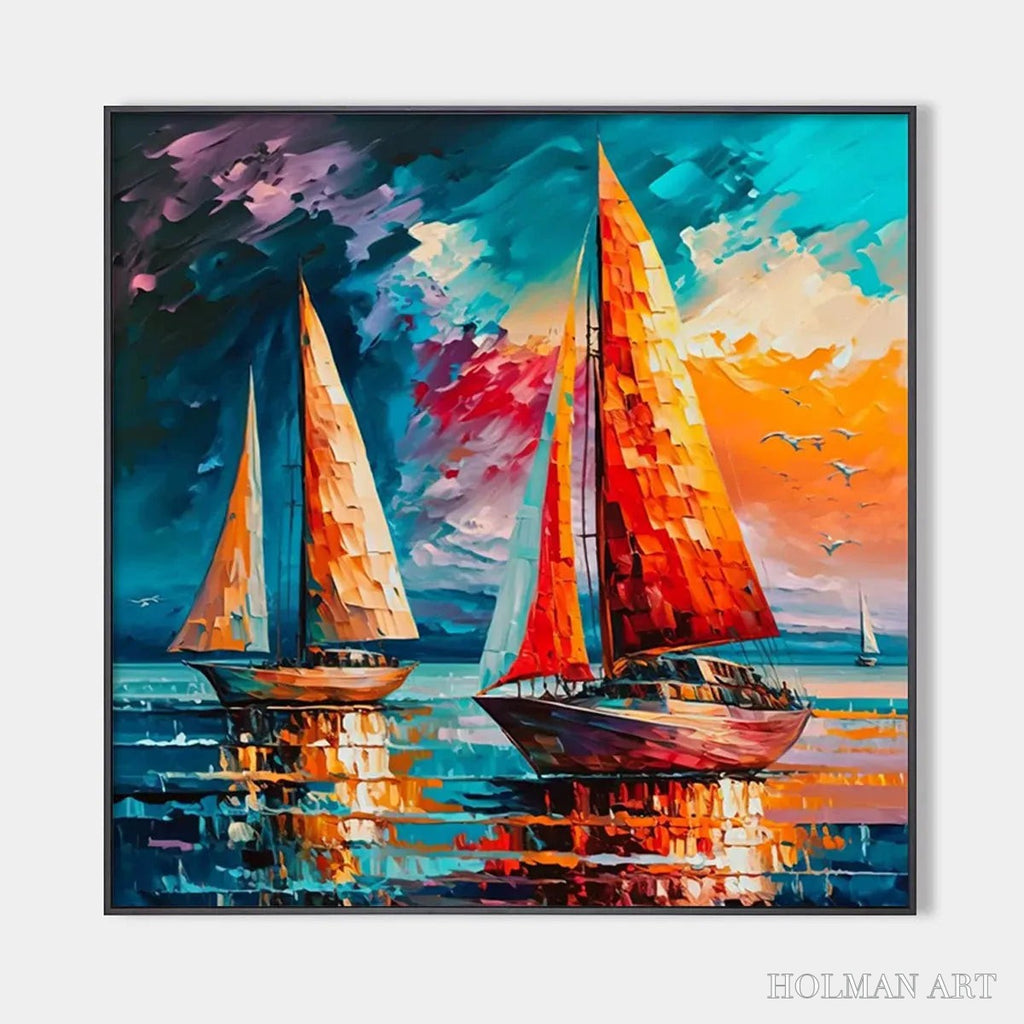 HOLMAN ART Evening Sail – Square Sailboat Painting, Colorful Sunset - image 1