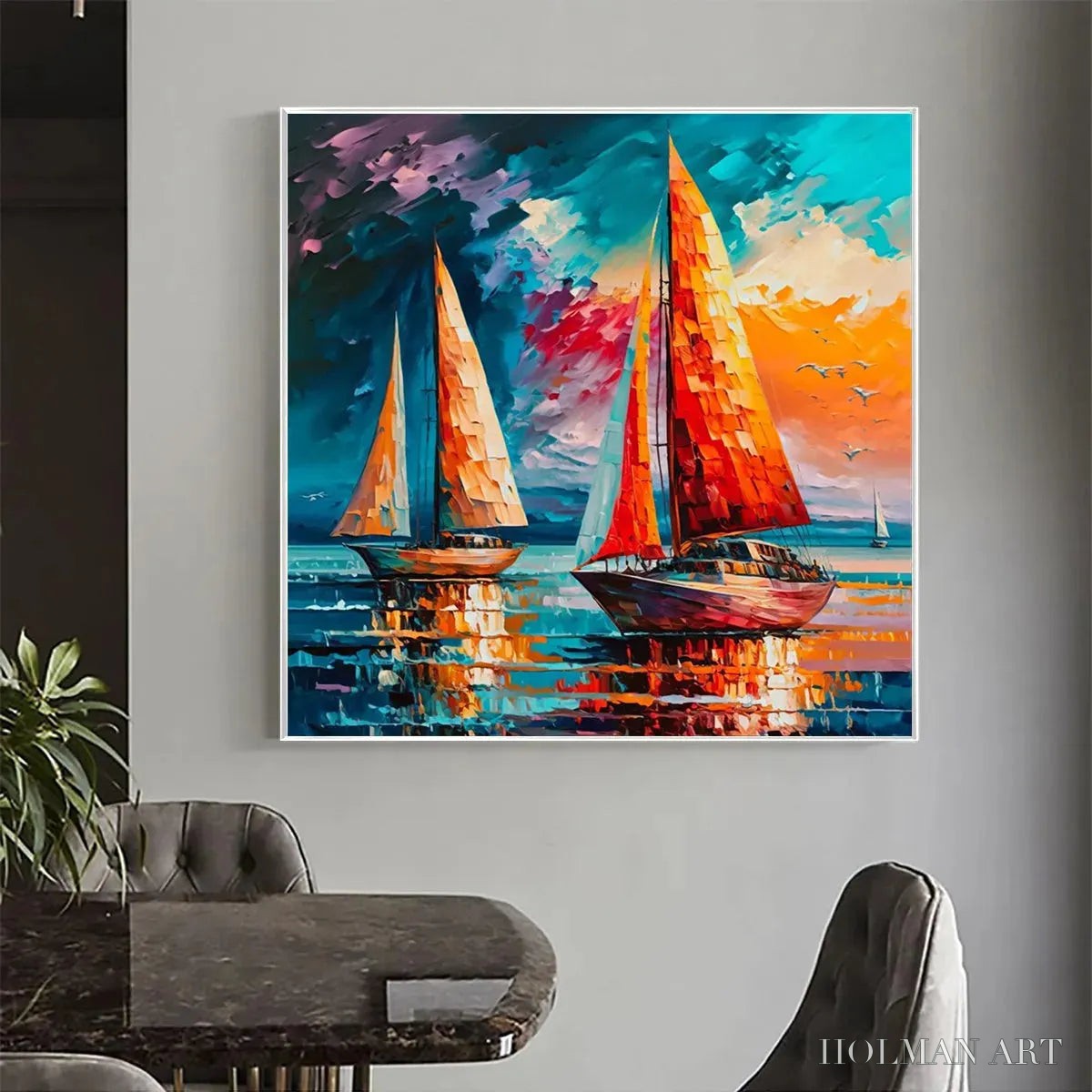 HOLMAN ART Evening Sail – Square Sailboat Painting, Colorful Sunset - image 2