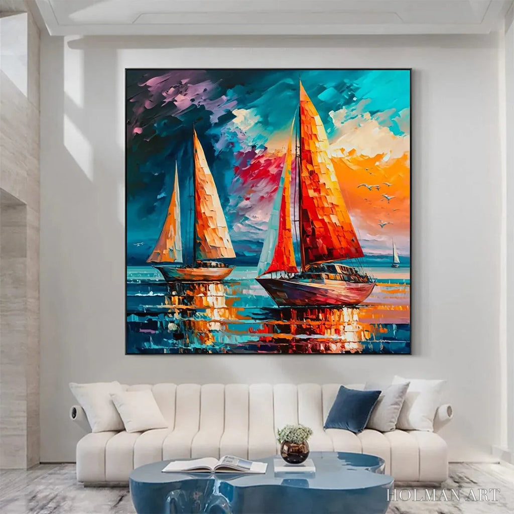 HOLMAN ART Evening Sail – Square Sailboat Painting, Colorful Sunset - image 4