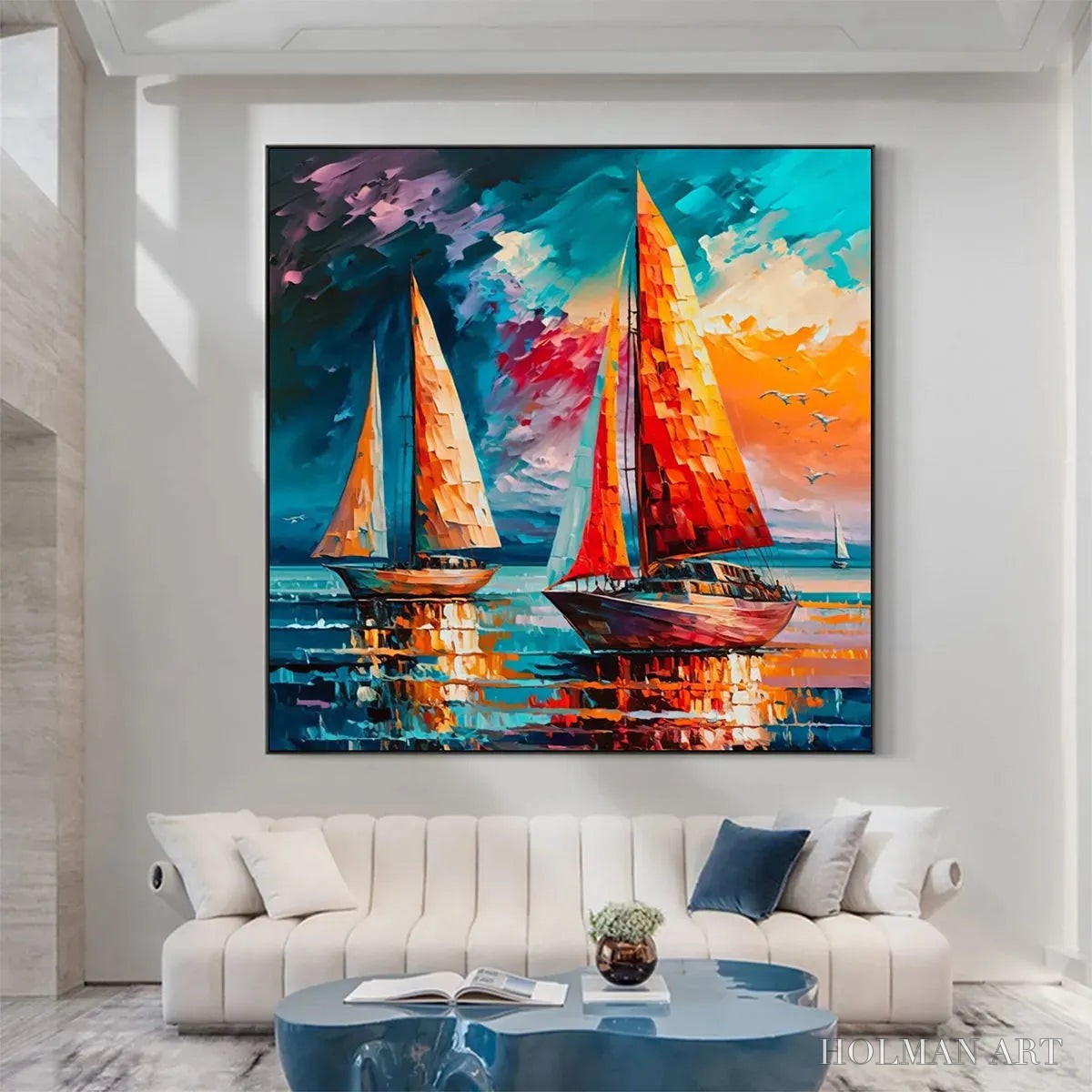 HOLMAN ART Evening Sail – Square Sailboat Painting, Colorful Sunset - image 4