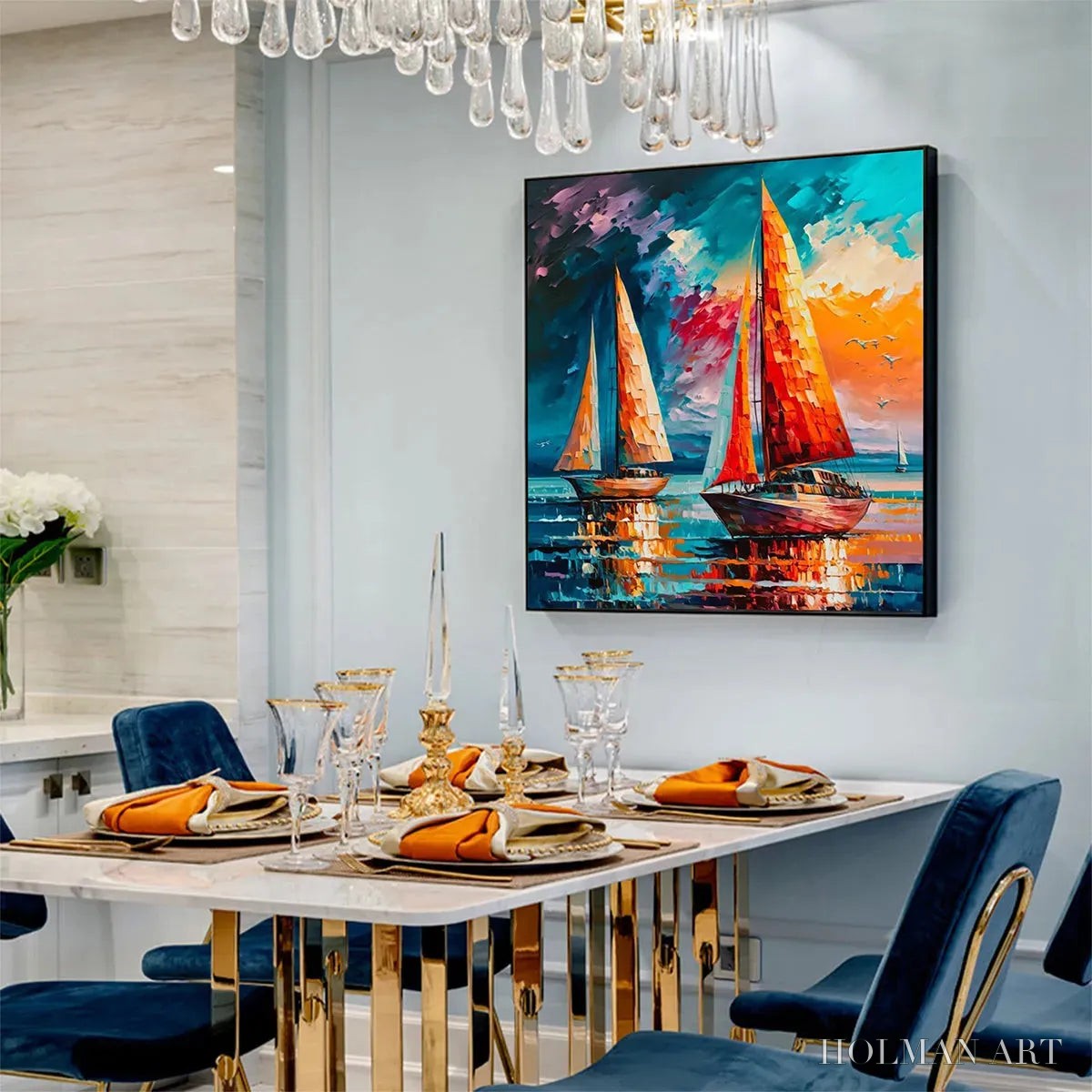 HOLMAN ART Evening Sail – Square Sailboat Painting, Colorful Sunset - image 5
