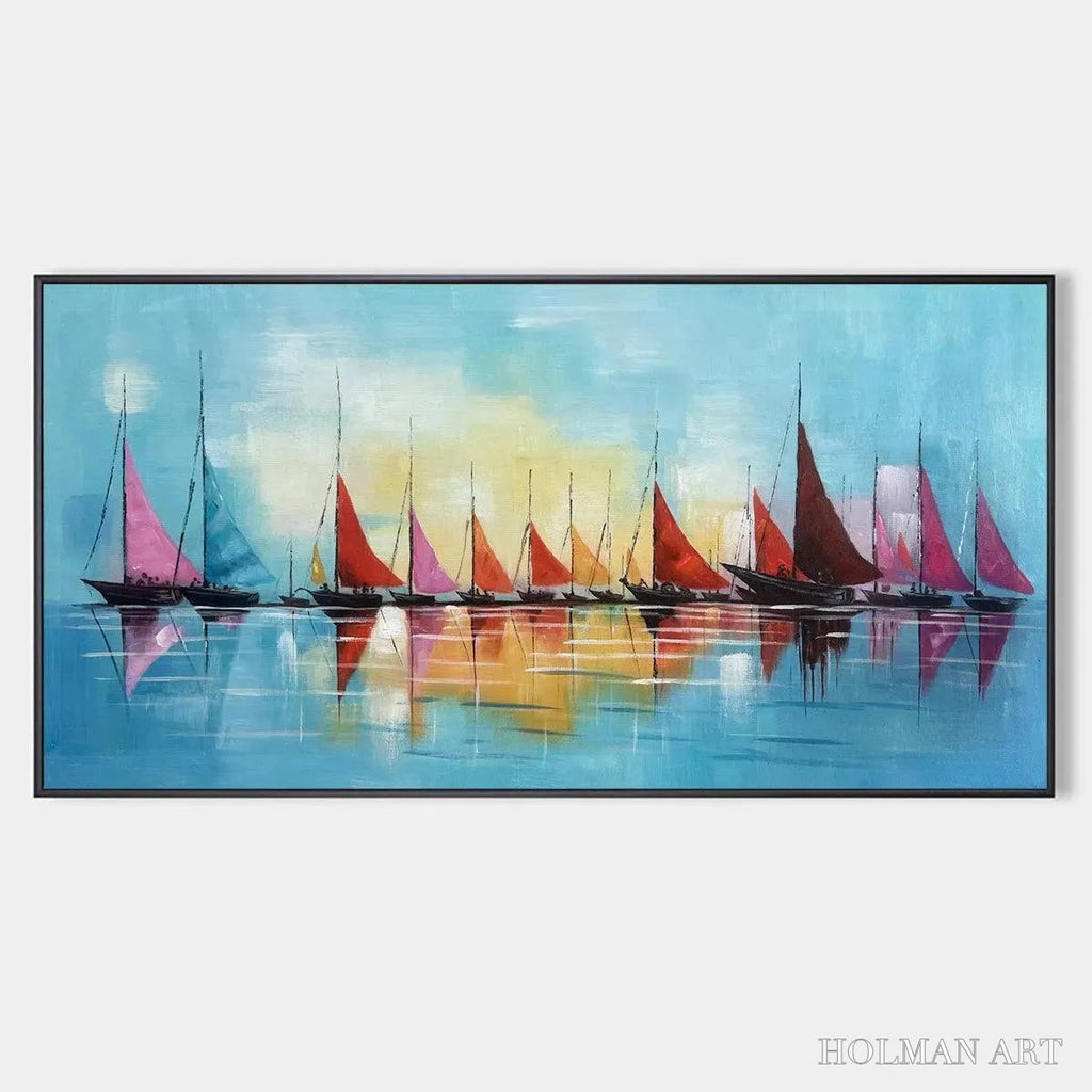 HOLMAN ART Regatta – Colorful Sailboats Painting, Blue and Orange , Horizontal Canvas, Coastal Decor - image 1