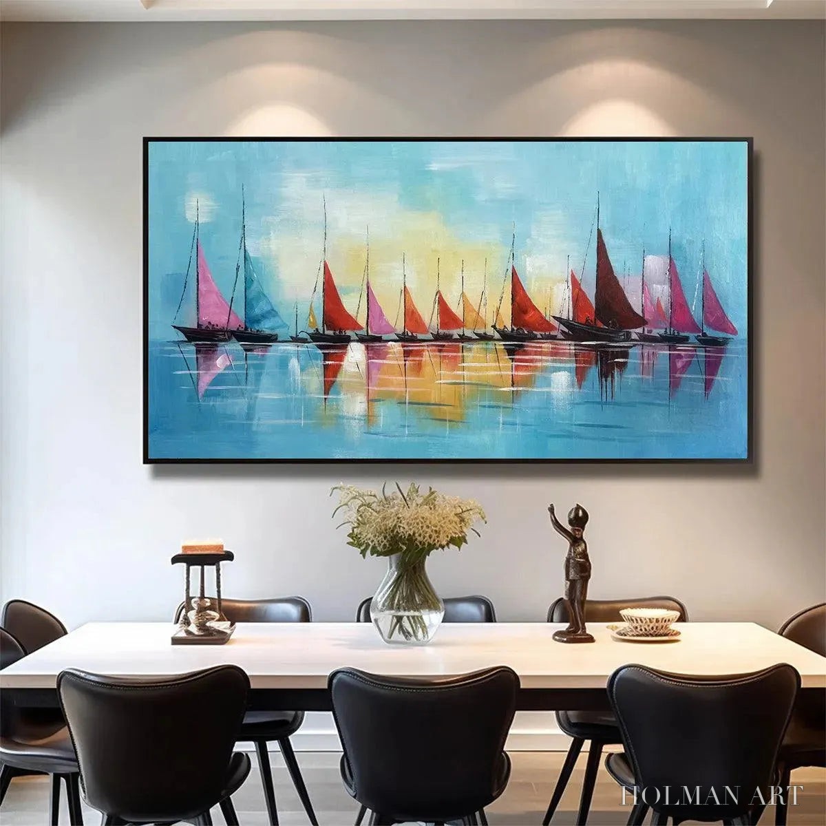 HOLMAN ART Regatta – Colorful Sailboats Painting, Blue and Orange , Horizontal Canvas, Coastal Decor - image 2