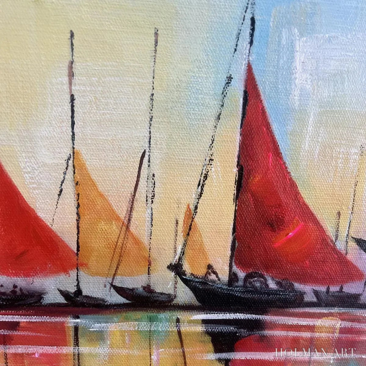 HOLMAN ART Regatta – Colorful Sailboats Painting, Blue and Orange , Horizontal Canvas, Coastal Decor - image 3