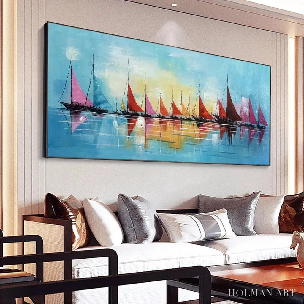 HOLMAN ART Regatta – Colorful Sailboats Painting, Blue and Orange , Horizontal Canvas, Coastal Decor - image 4