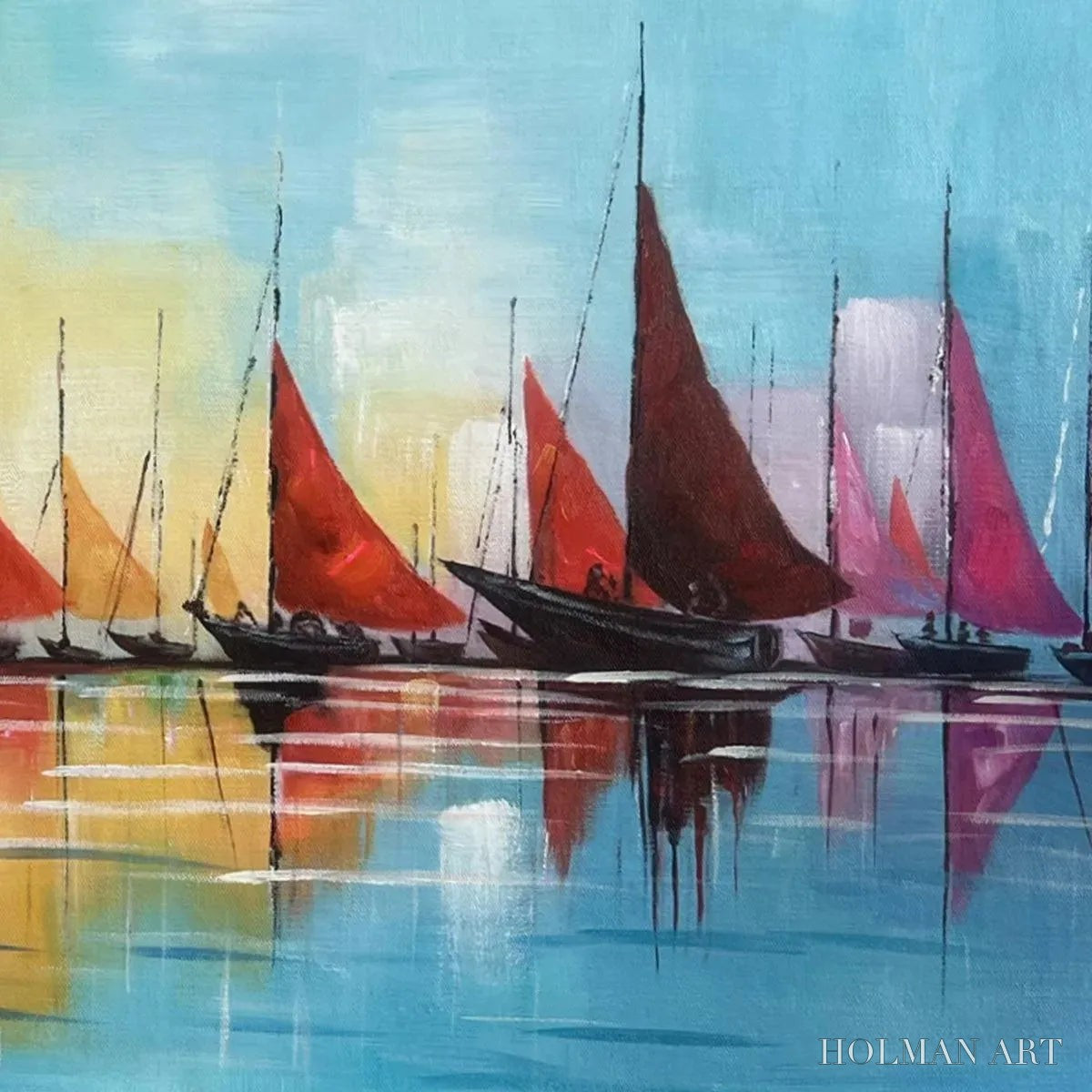 HOLMAN ART Regatta – Colorful Sailboats Painting, Blue and Orange , Horizontal Canvas, Coastal Decor - image 5