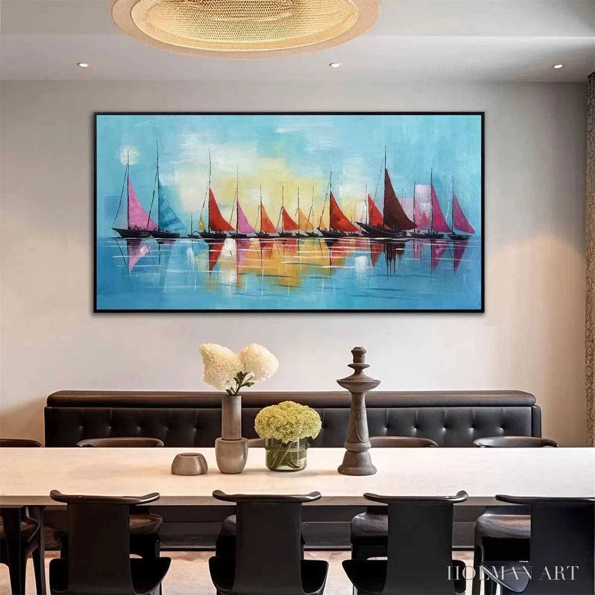 HOLMAN ART Regatta – Colorful Sailboats Painting, Blue and Orange , Horizontal Canvas, Coastal Decor - image 6
