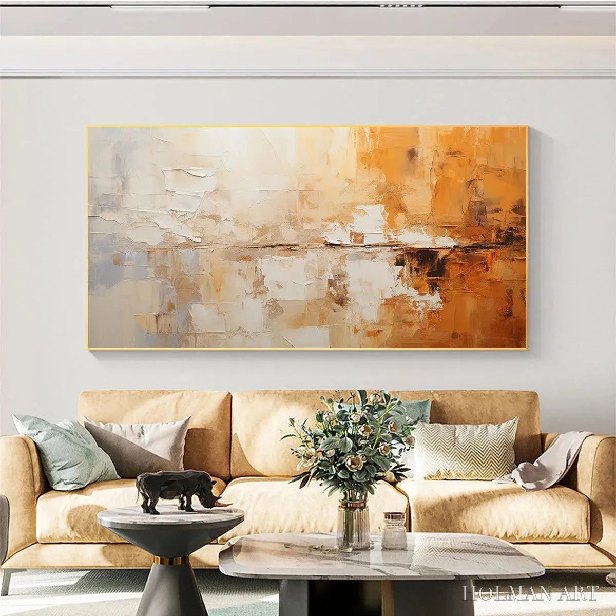 HOLMAN ART Desert Dusk – Panoramic Abstract Painting in Orange and Beige, Textured Canvas, Modern - image 4