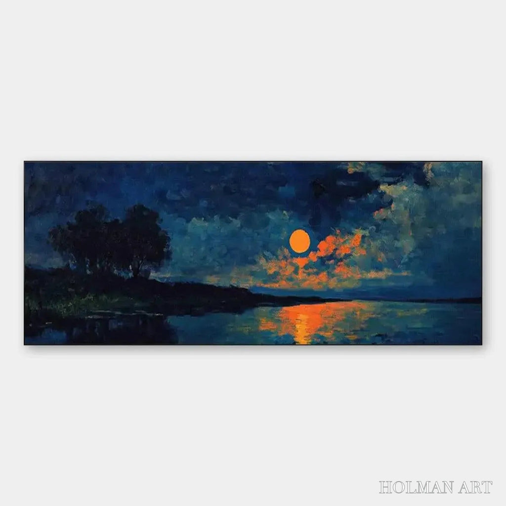 HOLMAN ART Harvest Moon Over the Lake Panoramic – Landscape Painting, Panoramic , Moonlit Lake Decor - image 1