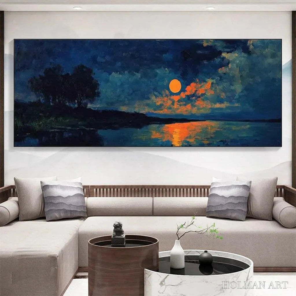 HOLMAN ART Harvest Moon Over the Lake Panoramic – Landscape Painting, Panoramic , Moonlit Lake Decor - image 2