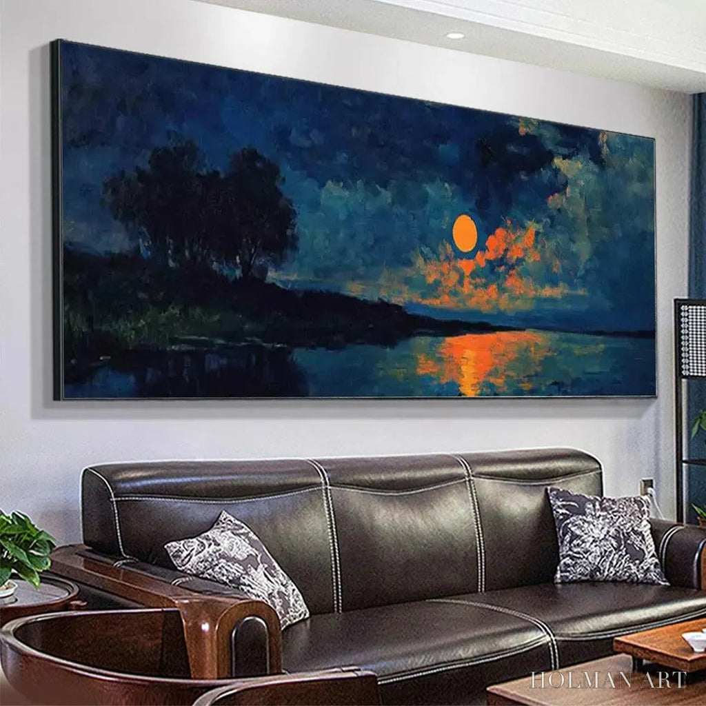 HOLMAN ART Harvest Moon Over the Lake Panoramic – Landscape Painting, Panoramic , Moonlit Lake Decor - image 5