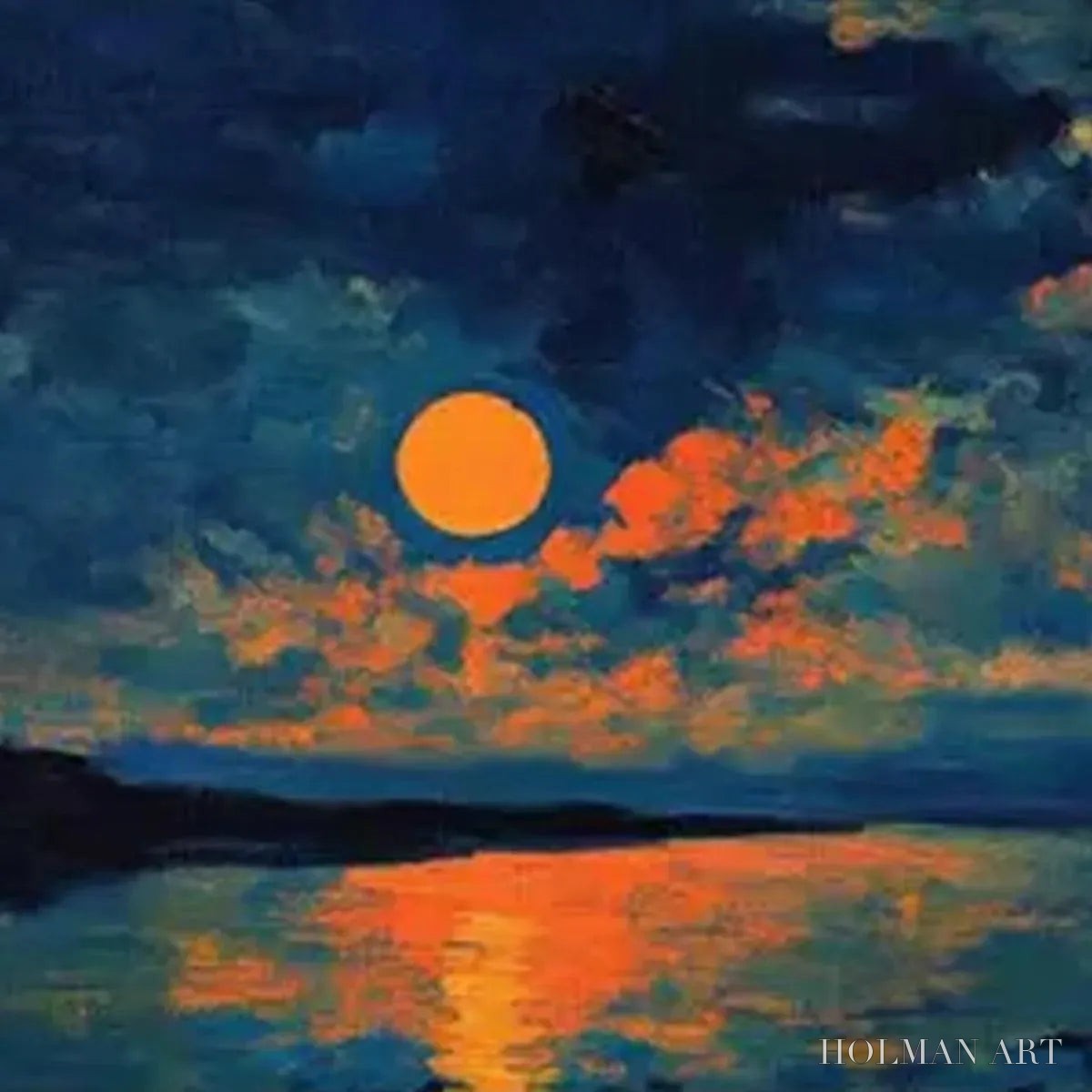 HOLMAN ART Harvest Moon Over the Lake Panoramic – Landscape Painting, Panoramic , Moonlit Lake Decor - image 6