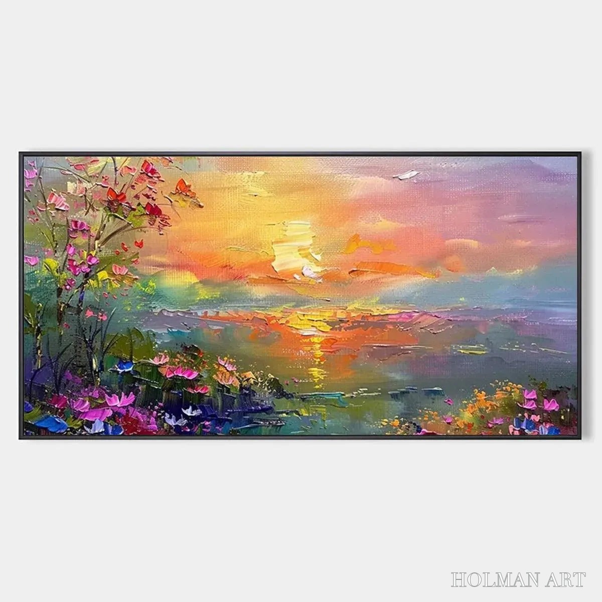 HOLMAN ART Watercolor Sunset – Impressionistic Landscape Painting with Sunset and Flowers - image 1