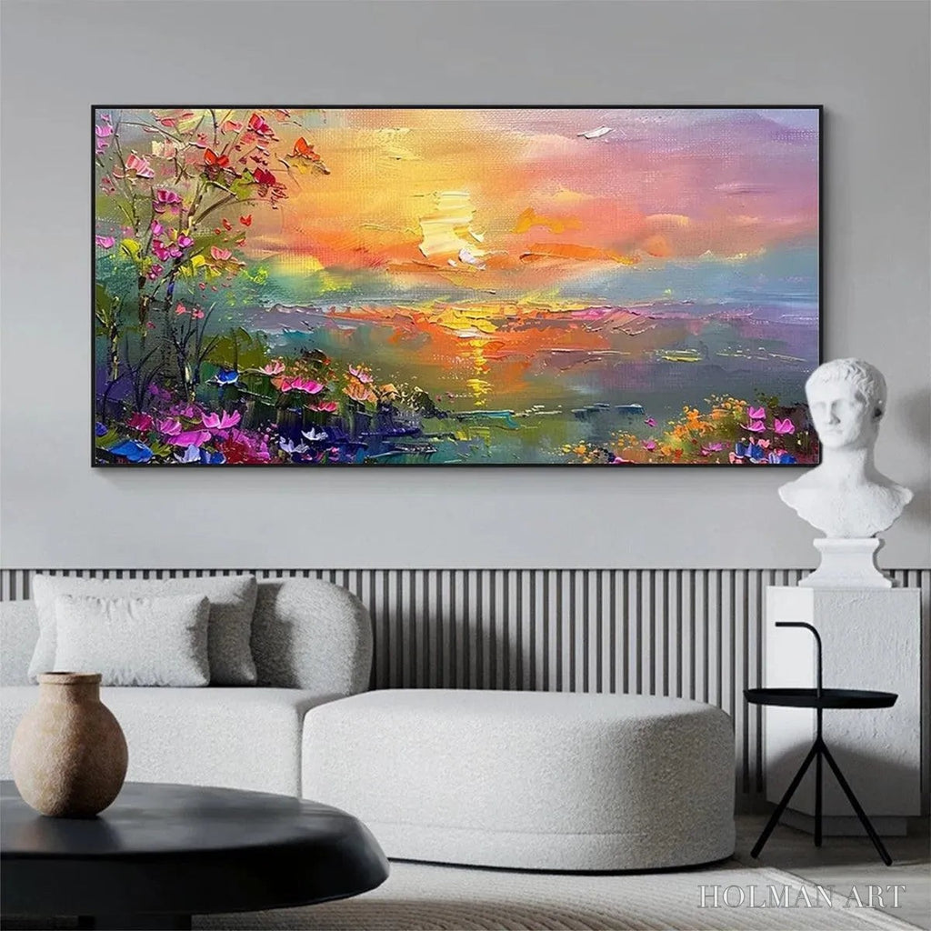 HOLMAN ART Watercolor Sunset – Impressionistic Landscape Painting with Sunset and Flowers - image 2