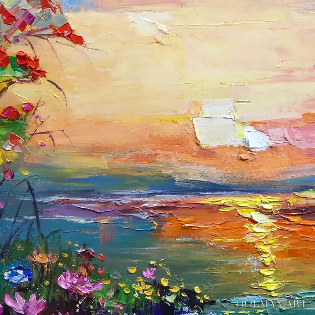 HOLMAN ART Watercolor Sunset – Impressionistic Landscape Painting with Sunset and Flowers - image 3