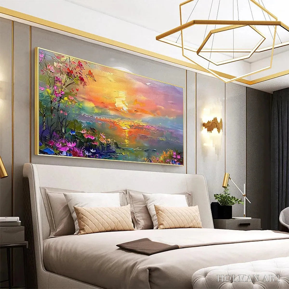 HOLMAN ART Watercolor Sunset – Impressionistic Landscape Painting with Sunset and Flowers - image 4