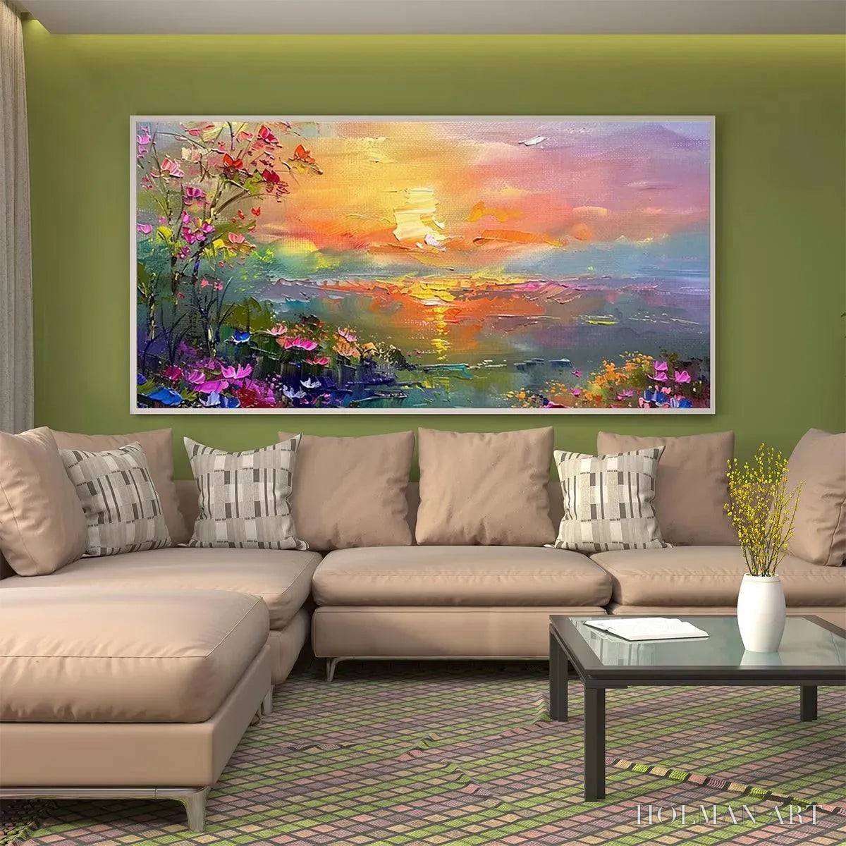 HOLMAN ART Watercolor Sunset – Impressionistic Landscape Painting with Sunset and Flowers - image 5