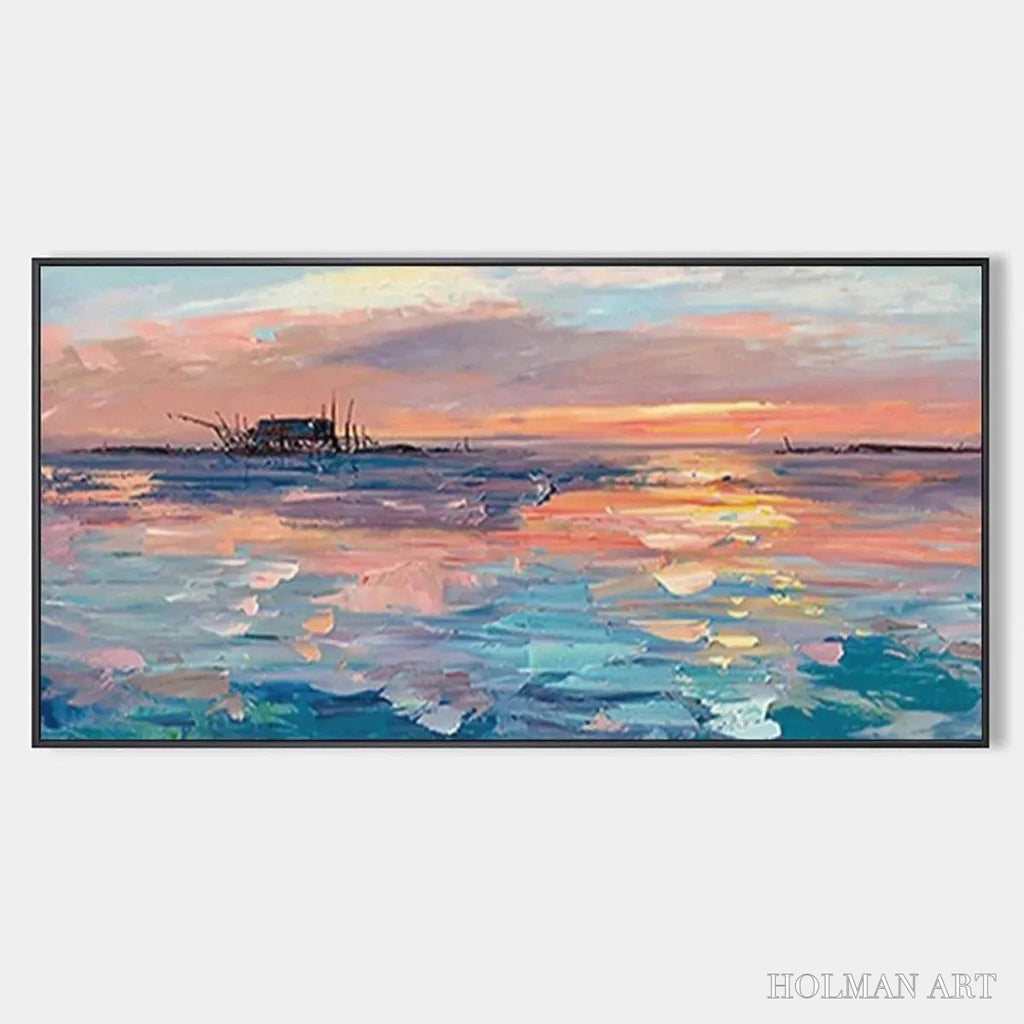 HOLMAN ART Dusk Reflections – Panoramic Coastal Sunset Painting, Minimalist - image 1