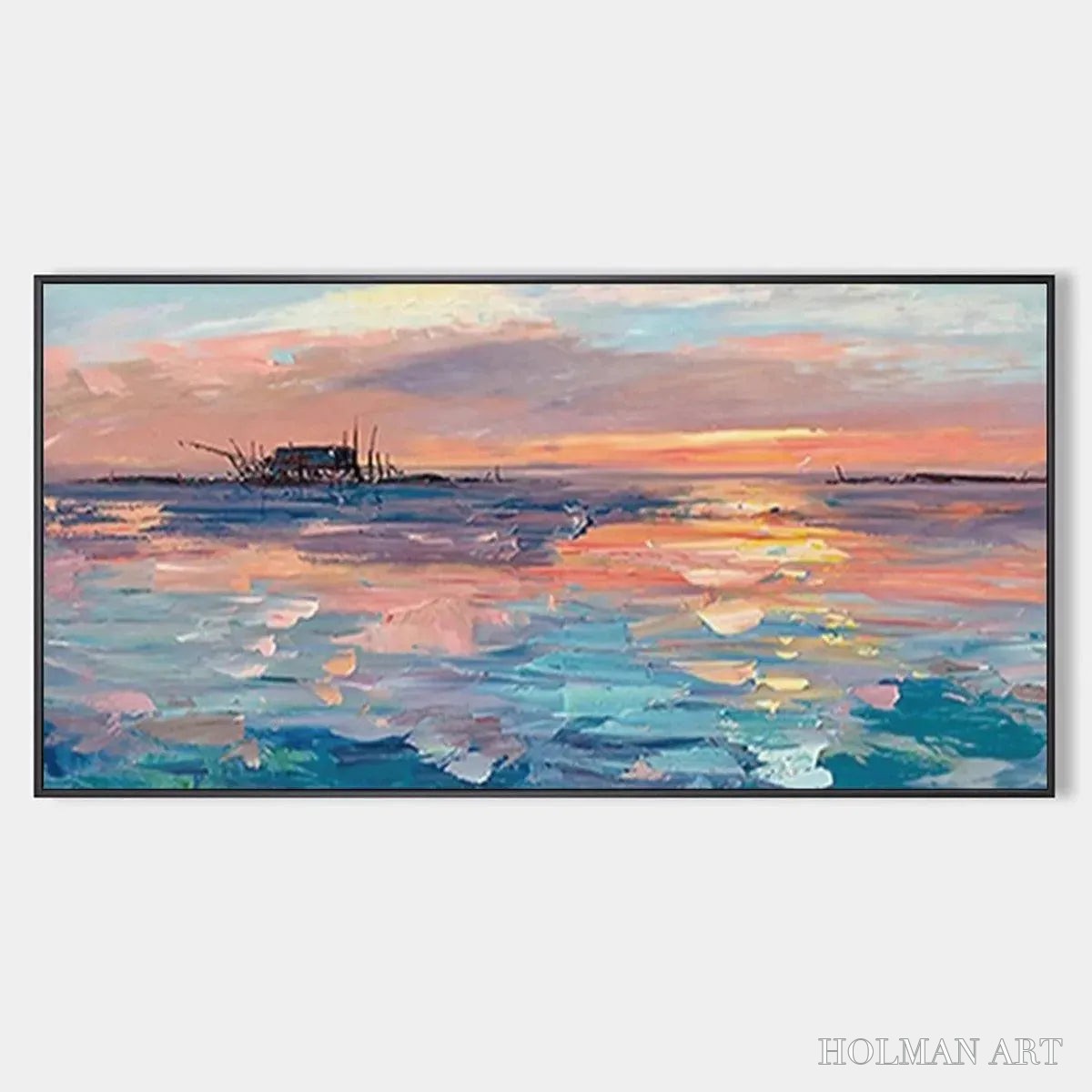 HOLMAN ART Dusk Reflections – Panoramic Coastal Sunset Painting, Minimalist - image 1