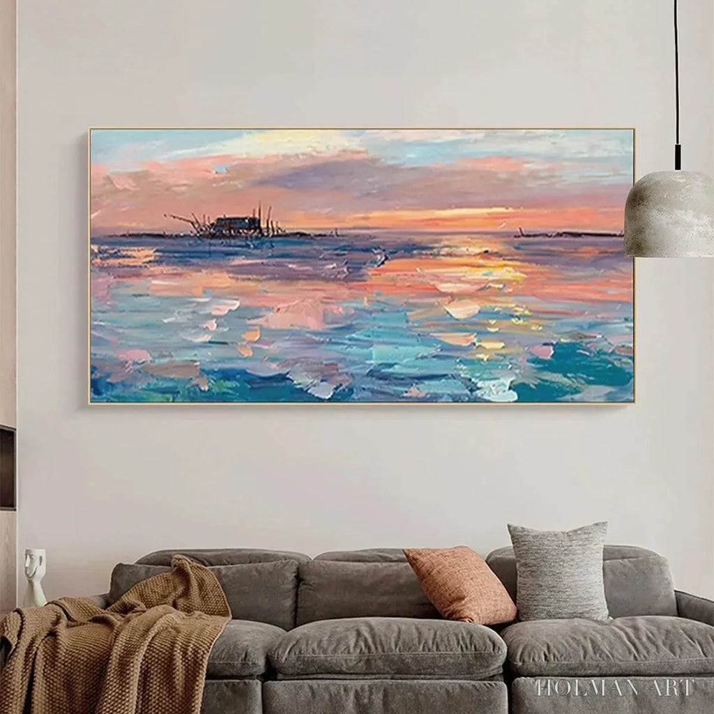 HOLMAN ART Dusk Reflections – Panoramic Coastal Sunset Painting, Minimalist - image 2