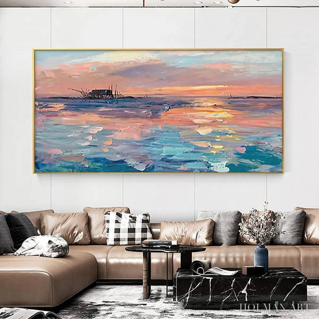 HOLMAN ART Dusk Reflections – Panoramic Coastal Sunset Painting, Minimalist - image 5