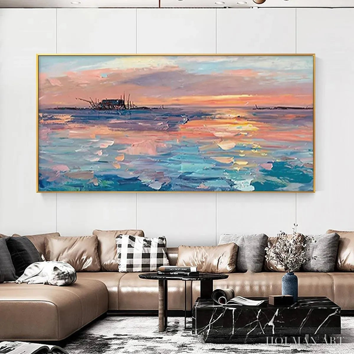 HOLMAN ART Dusk Reflections – Panoramic Coastal Sunset Painting, Minimalist - image 5