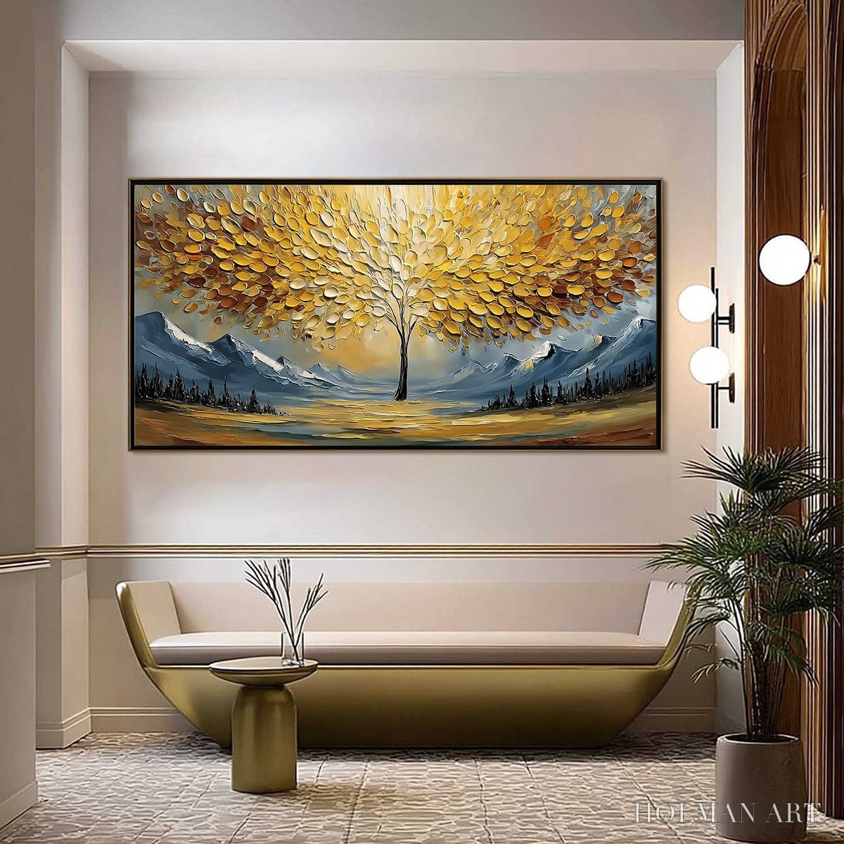 HOLMAN ART Aura of Gold – Textured Golden Tree of Life Landscape Painting - image 2