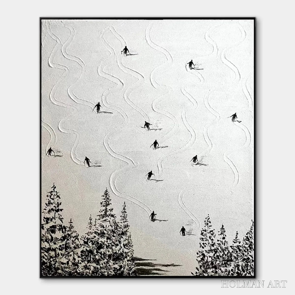 HOLMAN ART Snow Dance – Minimalist Skiing Painting on Textured Square Canvas - image 1