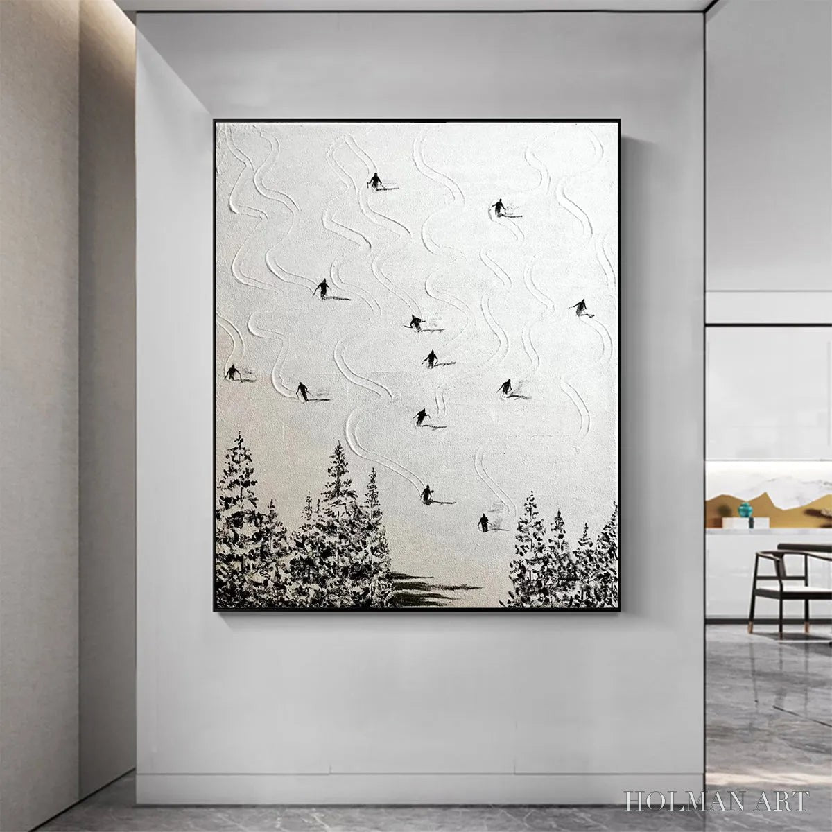 HOLMAN ART Snow Dance – Minimalist Skiing Painting on Textured Square Canvas - image 2