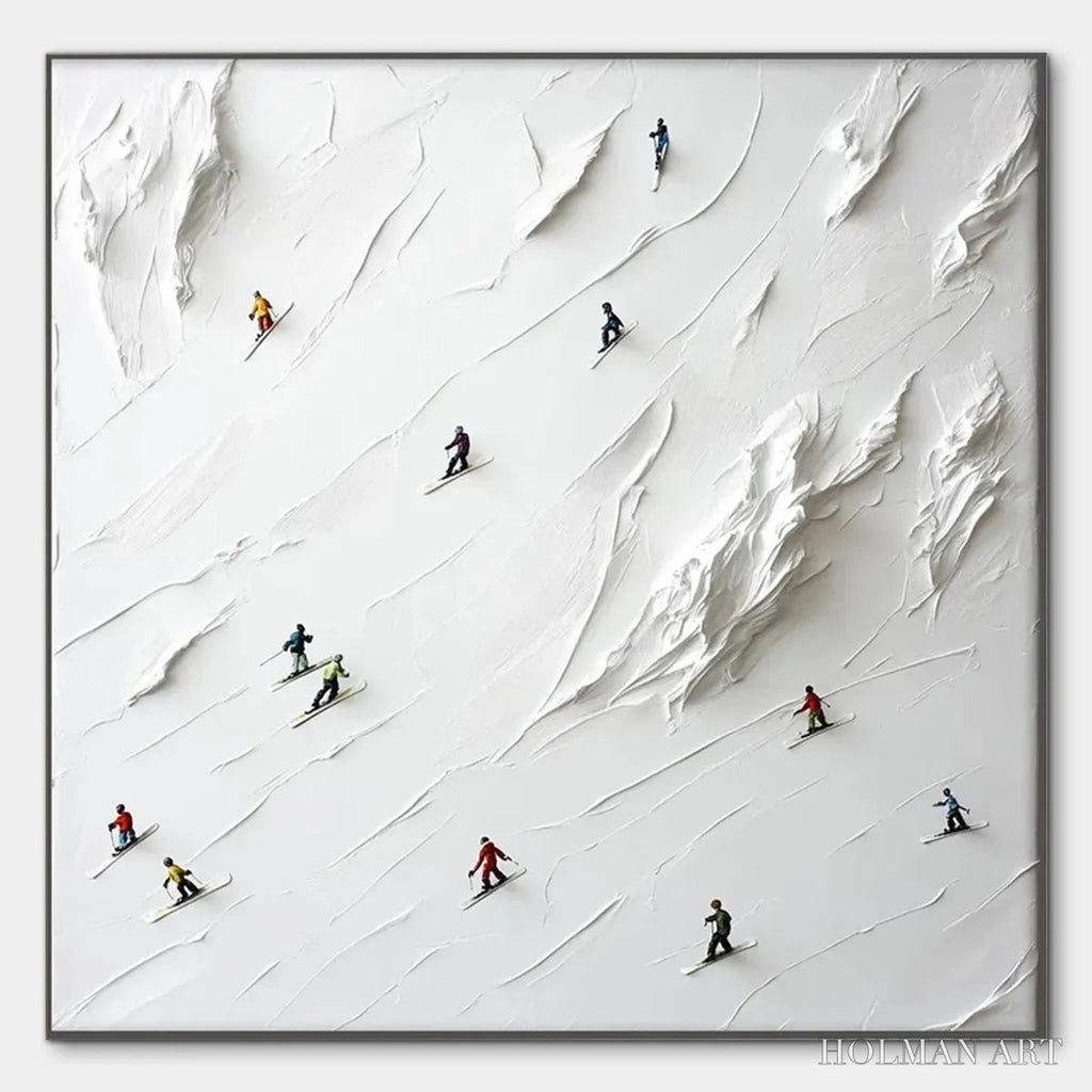 HOLMAN ART White Rush – Minimalist Skiing Painting on Textured Square Canvas - image 1
