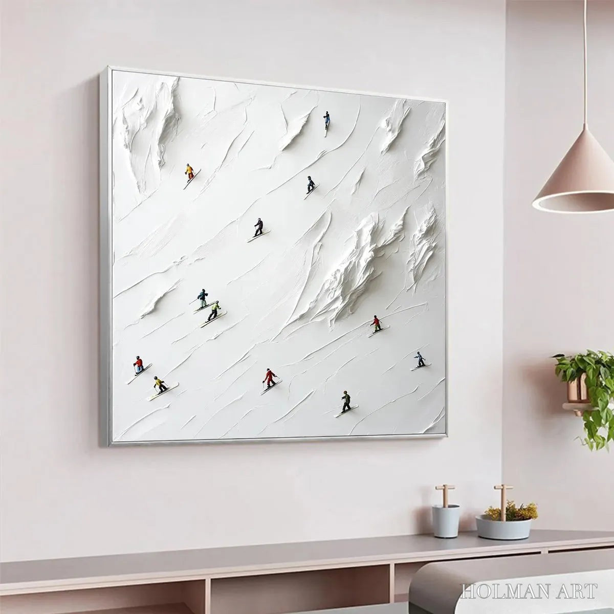 HOLMAN ART White Rush – Minimalist Skiing Painting on Textured Square Canvas - image 5