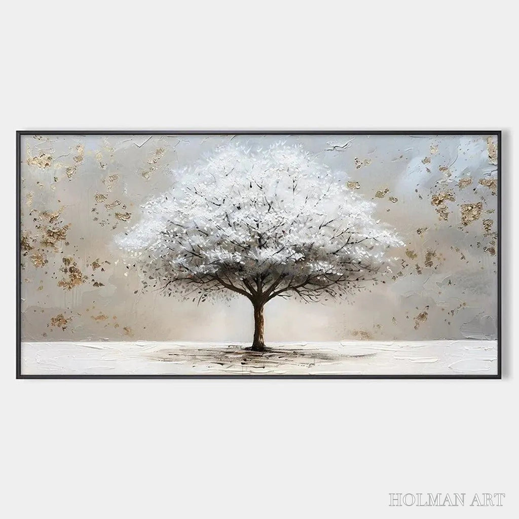 HOLMAN ART Winter'S Grace – Textured White Tree Painting with Gold Accents on Beige - image 1