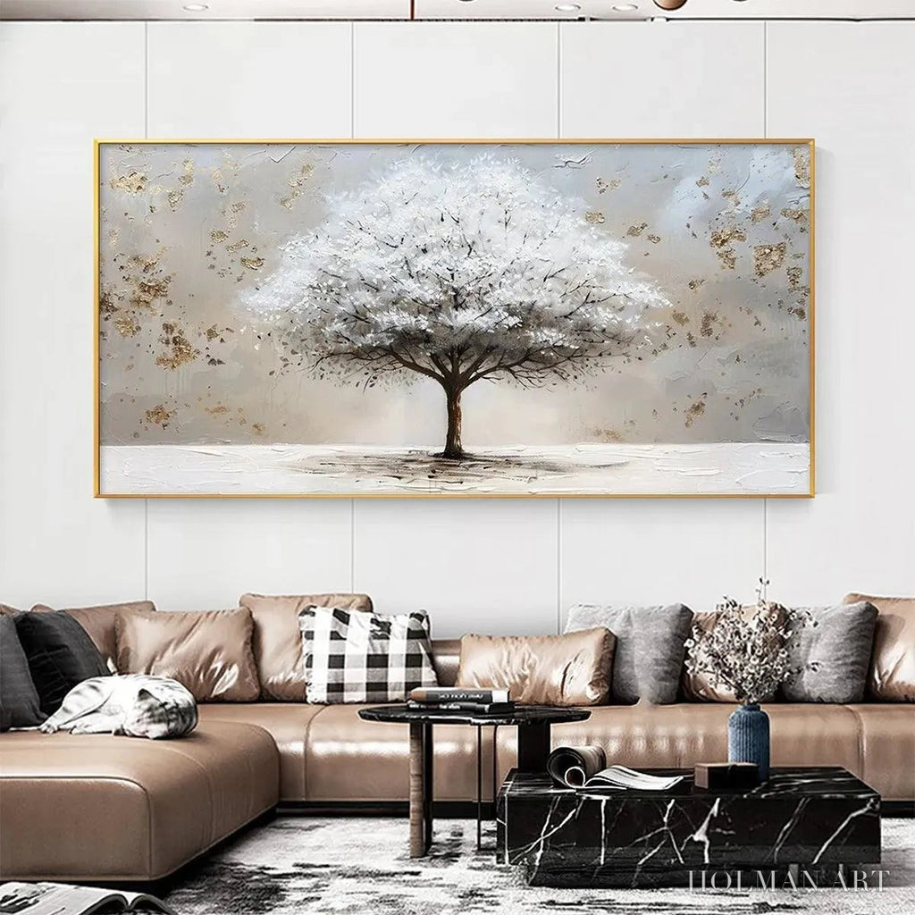 HOLMAN ART Winter'S Grace – Textured White Tree Painting with Gold Accents on Beige - image 2