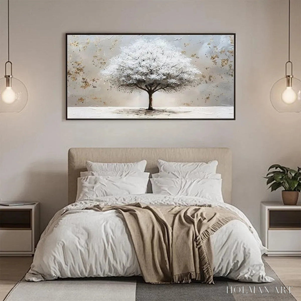 HOLMAN ART Winter'S Grace – Textured White Tree Painting with Gold Accents on Beige - image 4