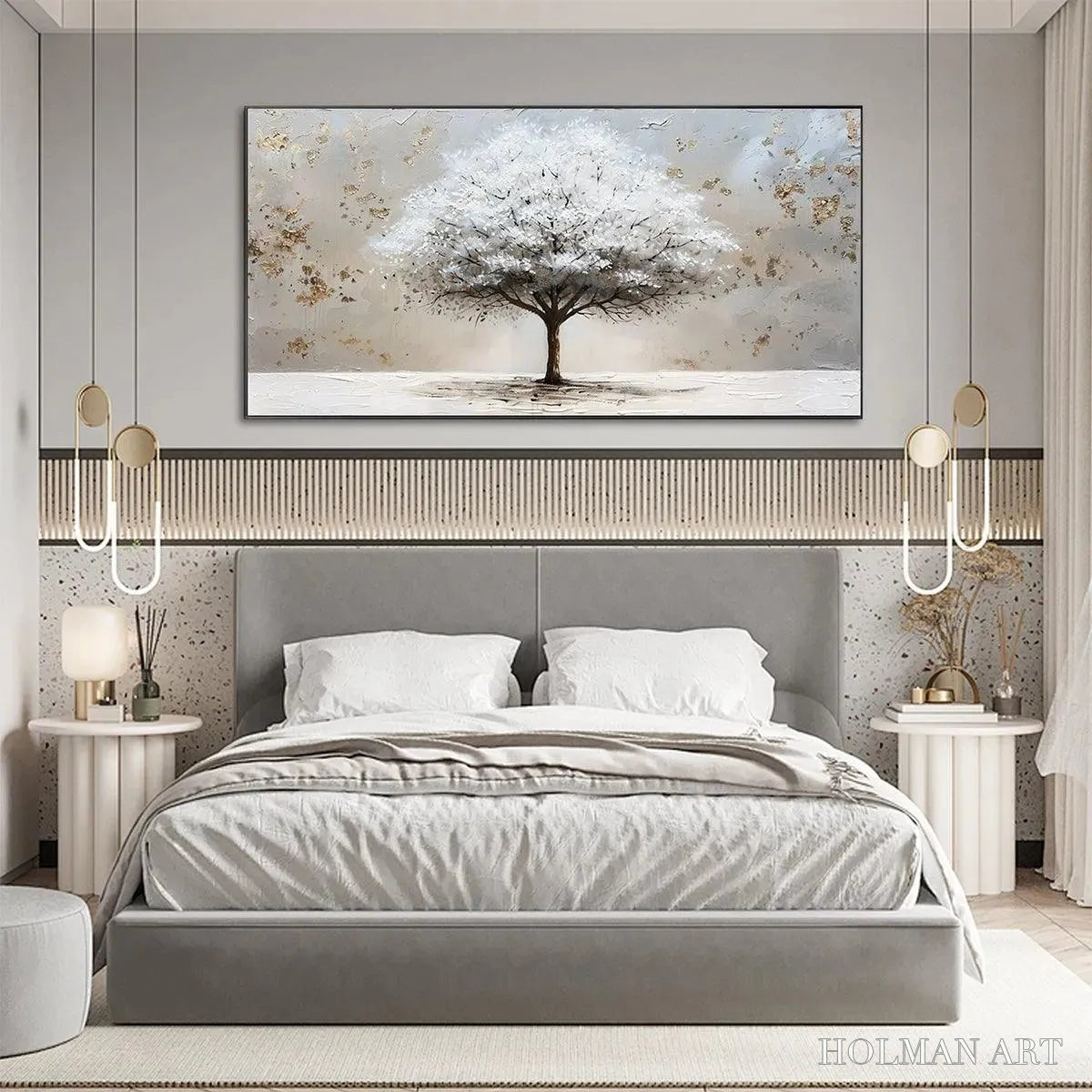 HOLMAN ART Winter'S Grace – Textured White Tree Painting with Gold Accents on Beige - image 6