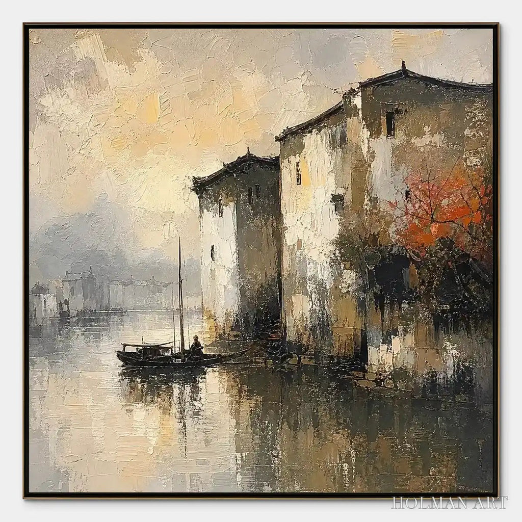 HOLMAN ART Fogbound Canal – Misty European Cityscape Painting - image 1