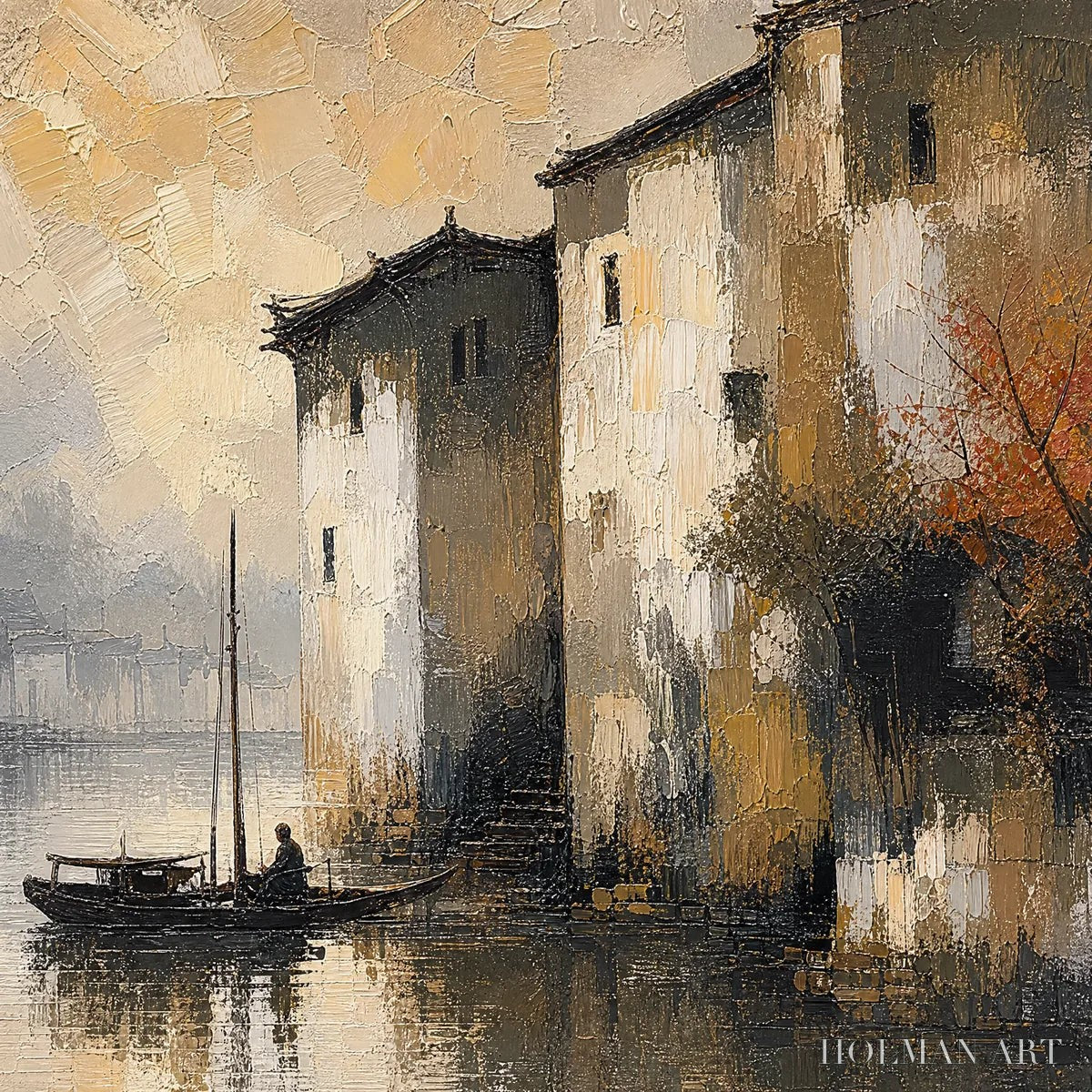 HOLMAN ART Fogbound Canal – Misty European Cityscape Painting - image 3