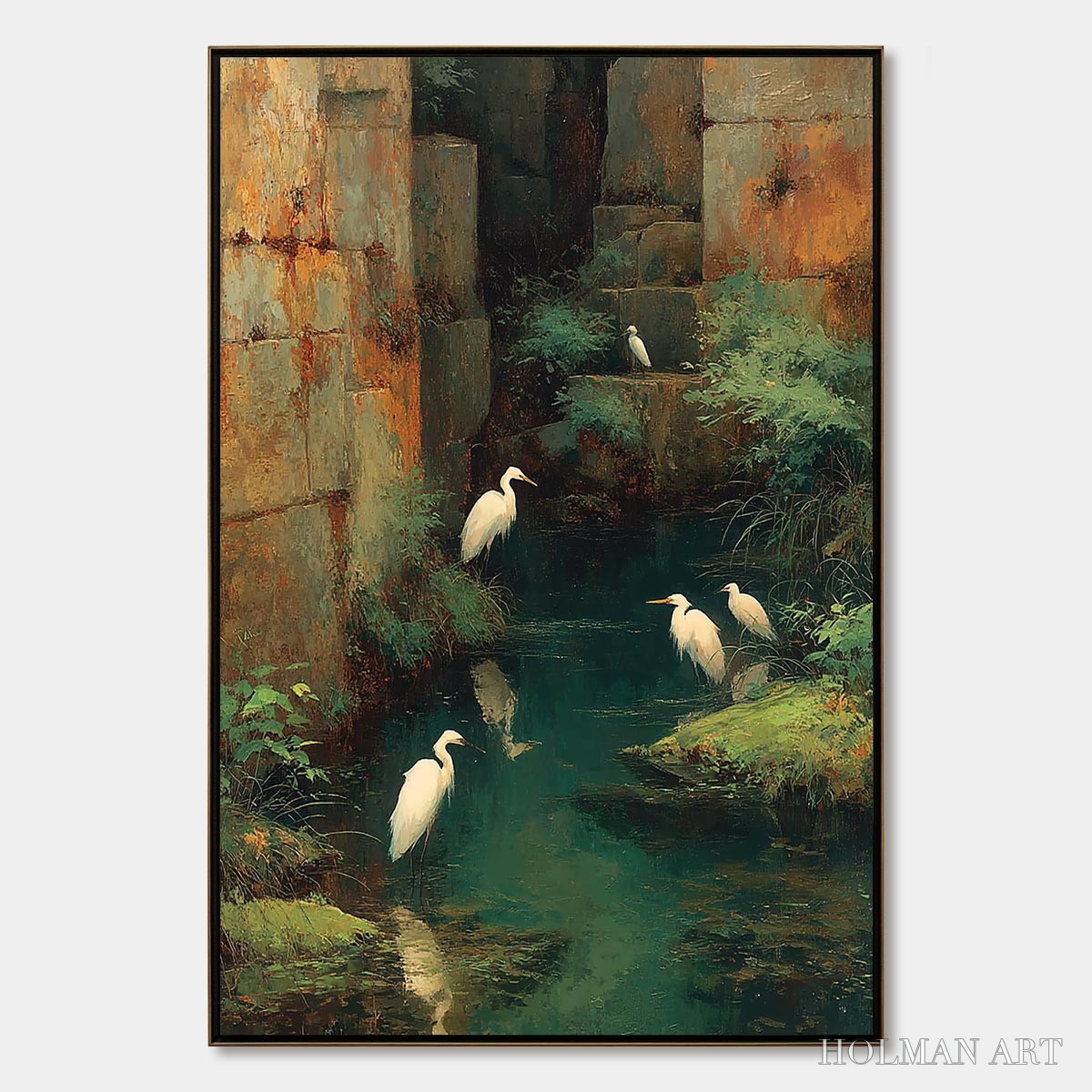 HOLMAN ART the Forgotten Oasis – Vertical Egret Painting of Birds in a Serene Natural Sanctuary - image 1