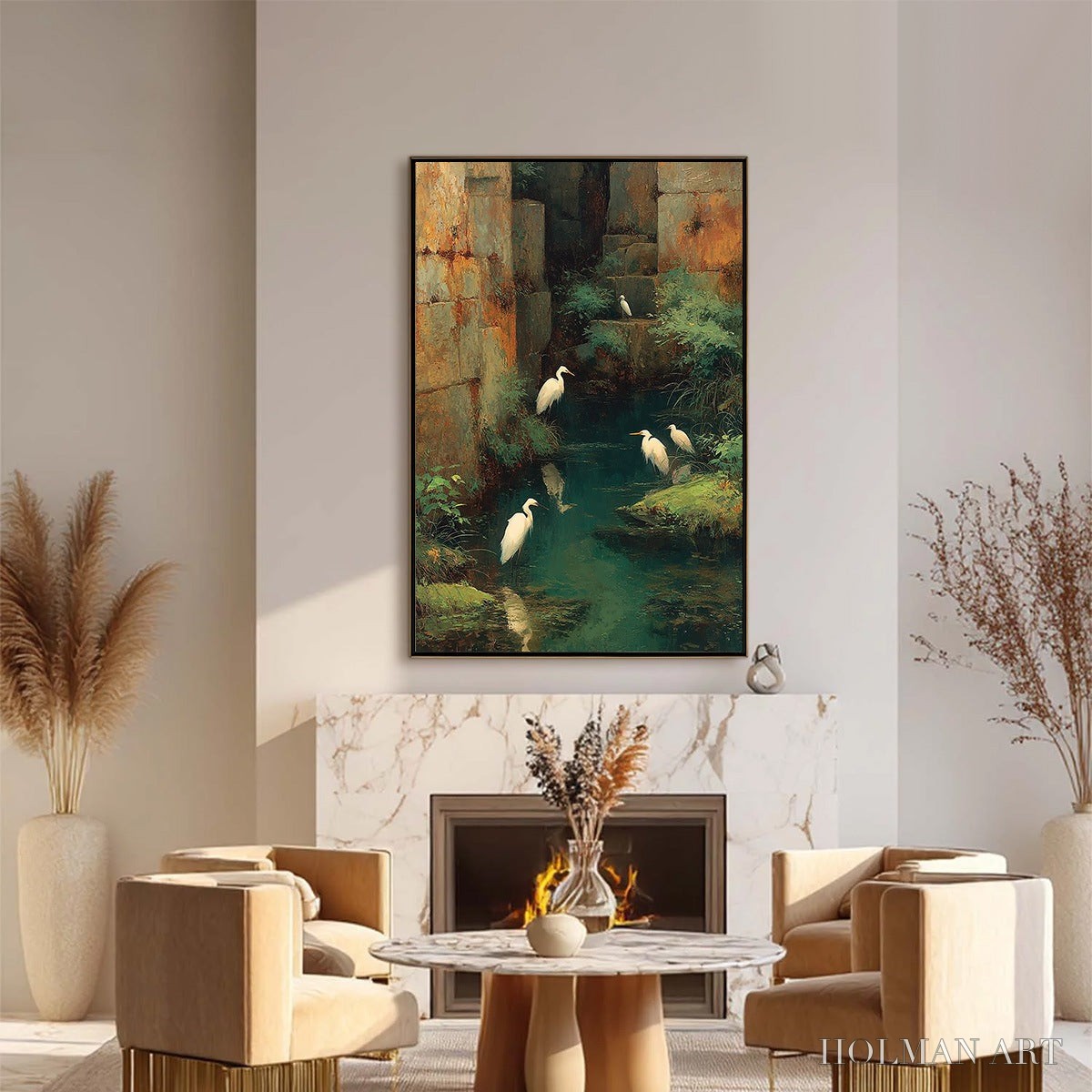 HOLMAN ART the Forgotten Oasis – Vertical Egret Painting of Birds in a Serene Natural Sanctuary - image 2
