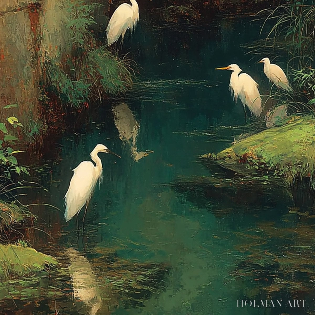 HOLMAN ART the Forgotten Oasis – Vertical Egret Painting of Birds in a Serene Natural Sanctuary - image 3