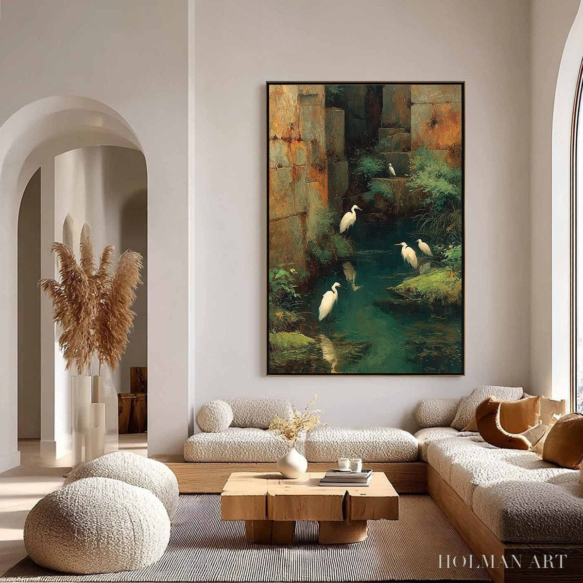 HOLMAN ART the Forgotten Oasis – Vertical Egret Painting of Birds in a Serene Natural Sanctuary - image 4