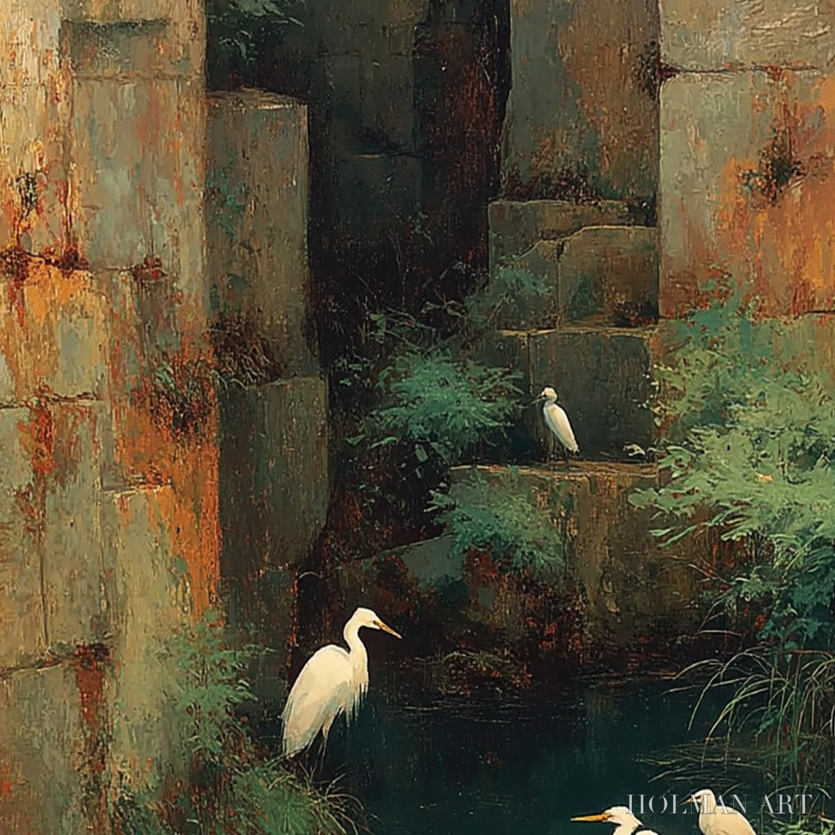 HOLMAN ART the Forgotten Oasis – Vertical Egret Painting of Birds in a Serene Natural Sanctuary - image 5